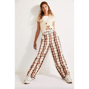 Free People Plaid Straight Leg Pants - Brown and Cream